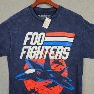 Foo Fighters Mens Blue Mineral Wash Graphic T-Shirt Fighter Jet 94 Band Tee Med